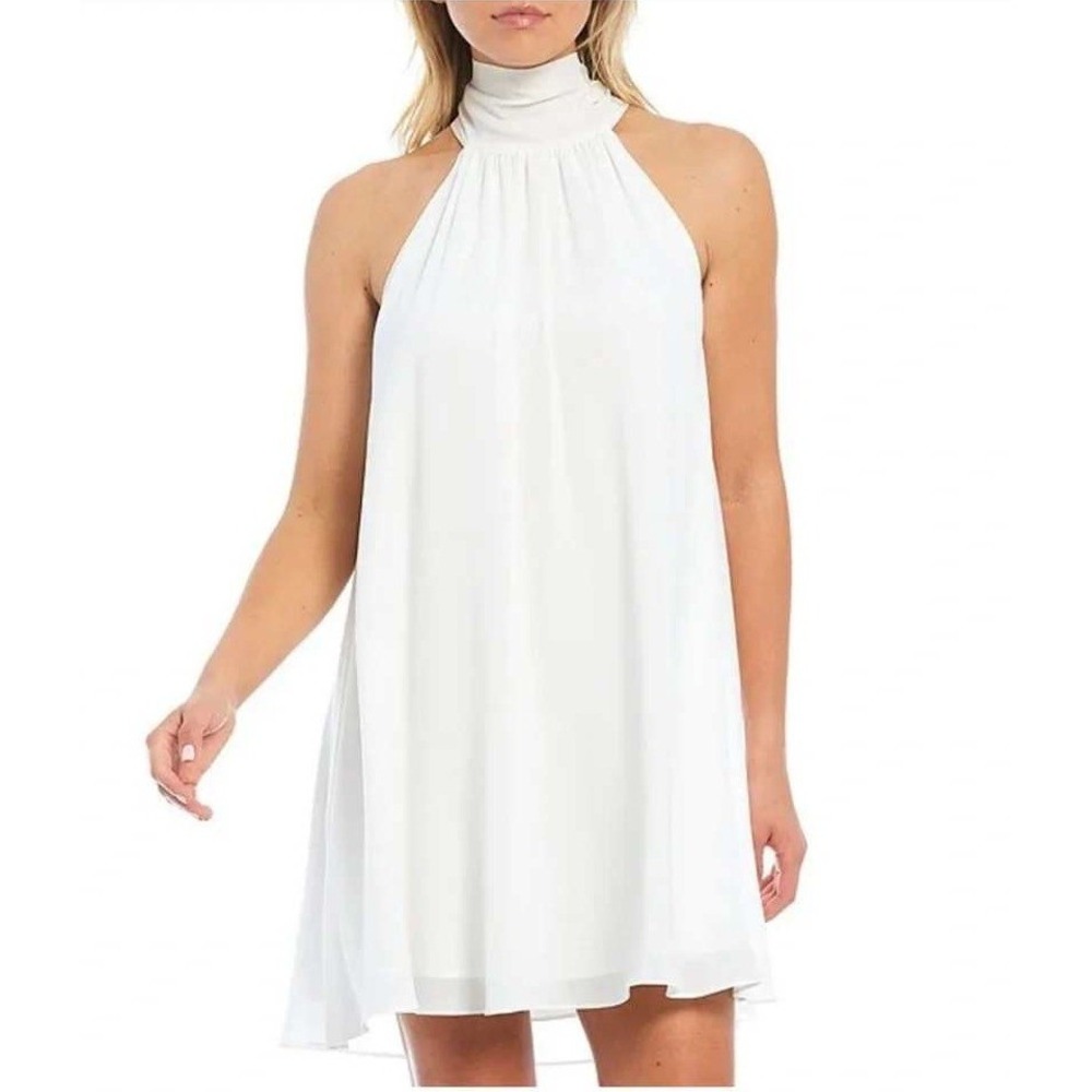 Belle Badgley Mischka Elise Georgette Turtleneck Mini Dress 8 Sleeveless Bk Tie